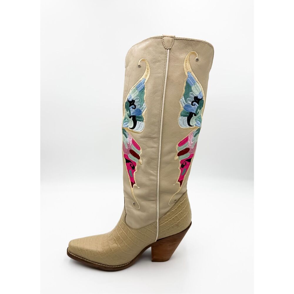 Dingo Cream White Leather Butterfly Embroidered Knee High Cowgirl Cowboy Boots - Picture 2 of 5